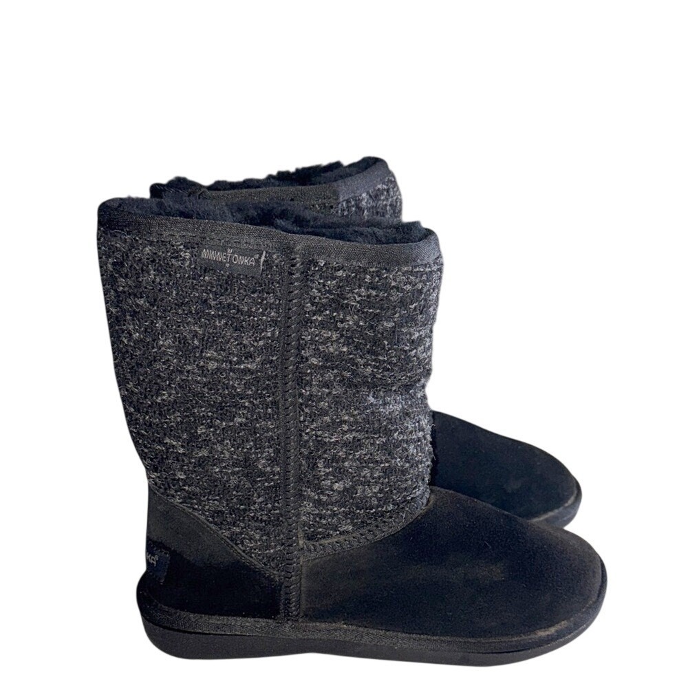 Minnetonka Women's Black Suede Knit Upper Sherpa Winter Boots‎ Size 8